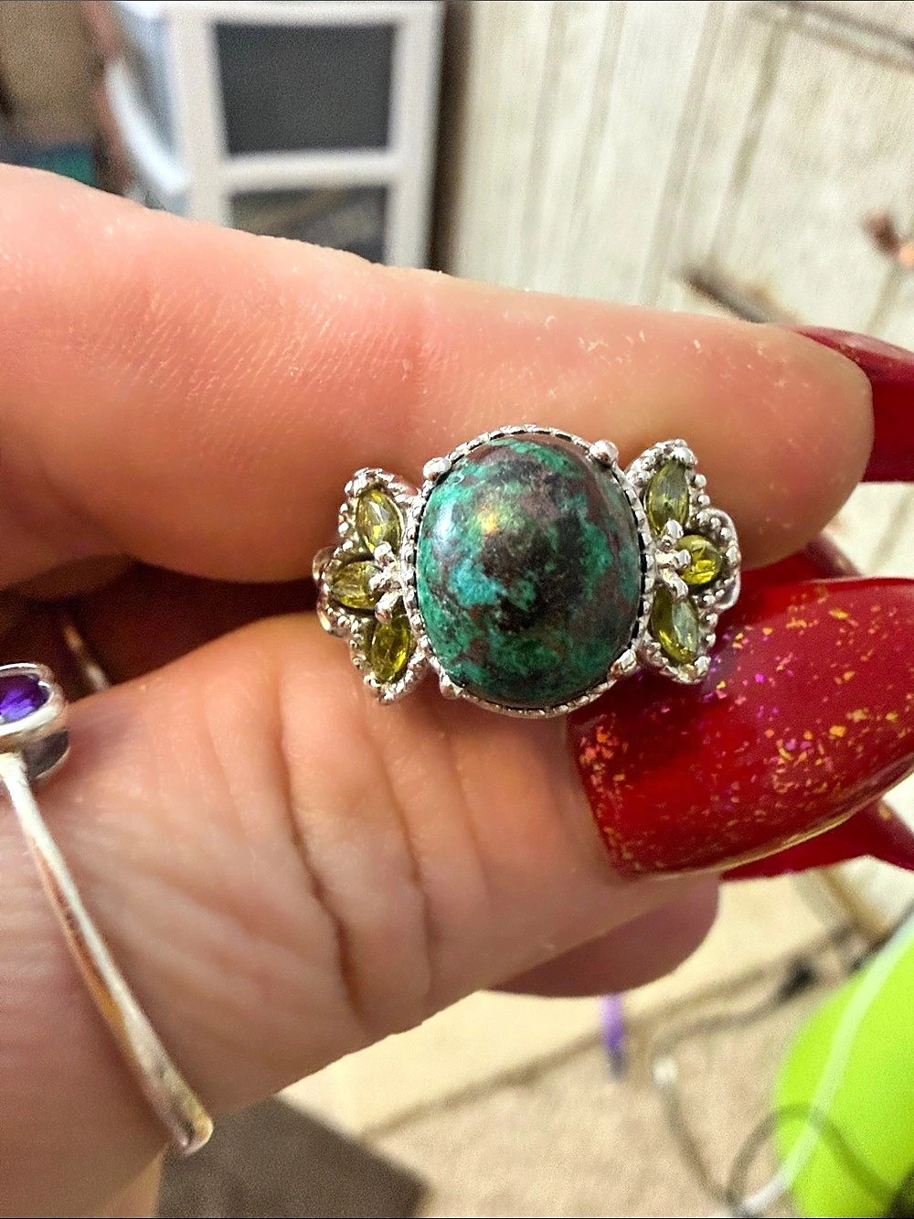 Shukutite and peridot sterling silver Statement Ring Like New